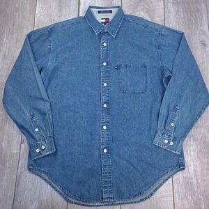Tommy Hilfiger Mens Blue Denim Flag Shirt Size Large Long Sleeve Pocket Y2K Top